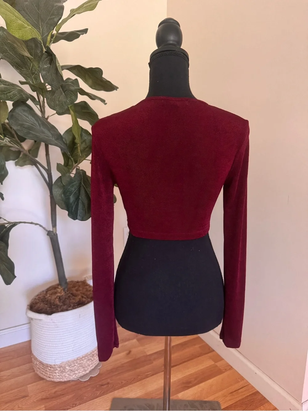 Electrica Burgundy Asymmetrical Cutout Long-Sleeve Crop Top